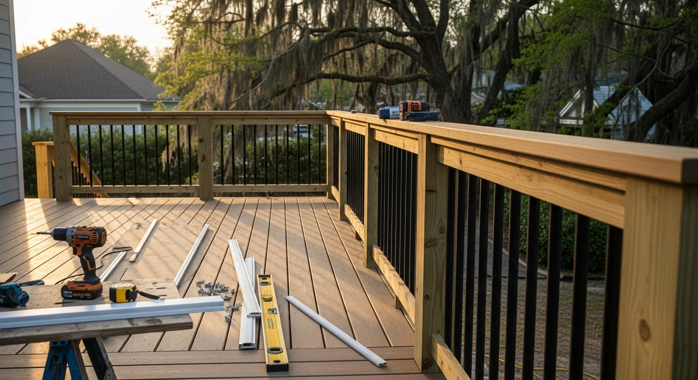 Carpenter installing custom deck railing on residential home