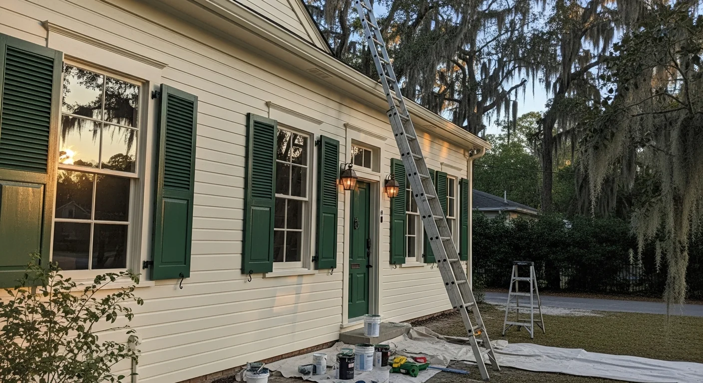 Professional painter applying exterior paint to residential home