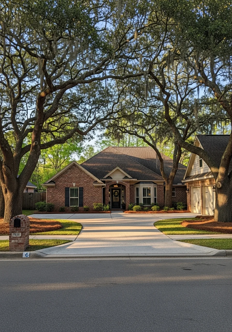 Modern Denham Springs family home with driveway and established landscaping in residential setting.