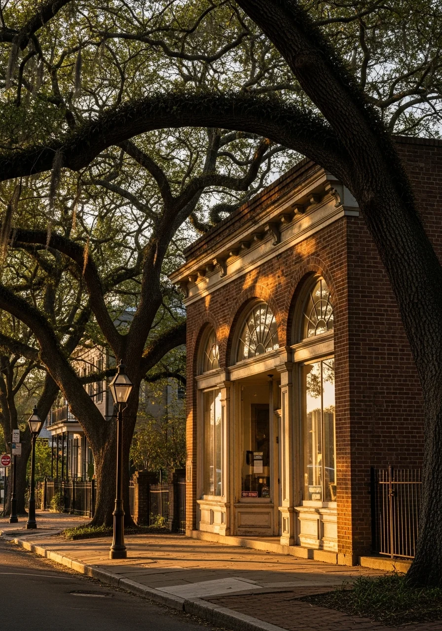 Historic downtown Mandeville storefront with mature oak trees and residential properties nearby.