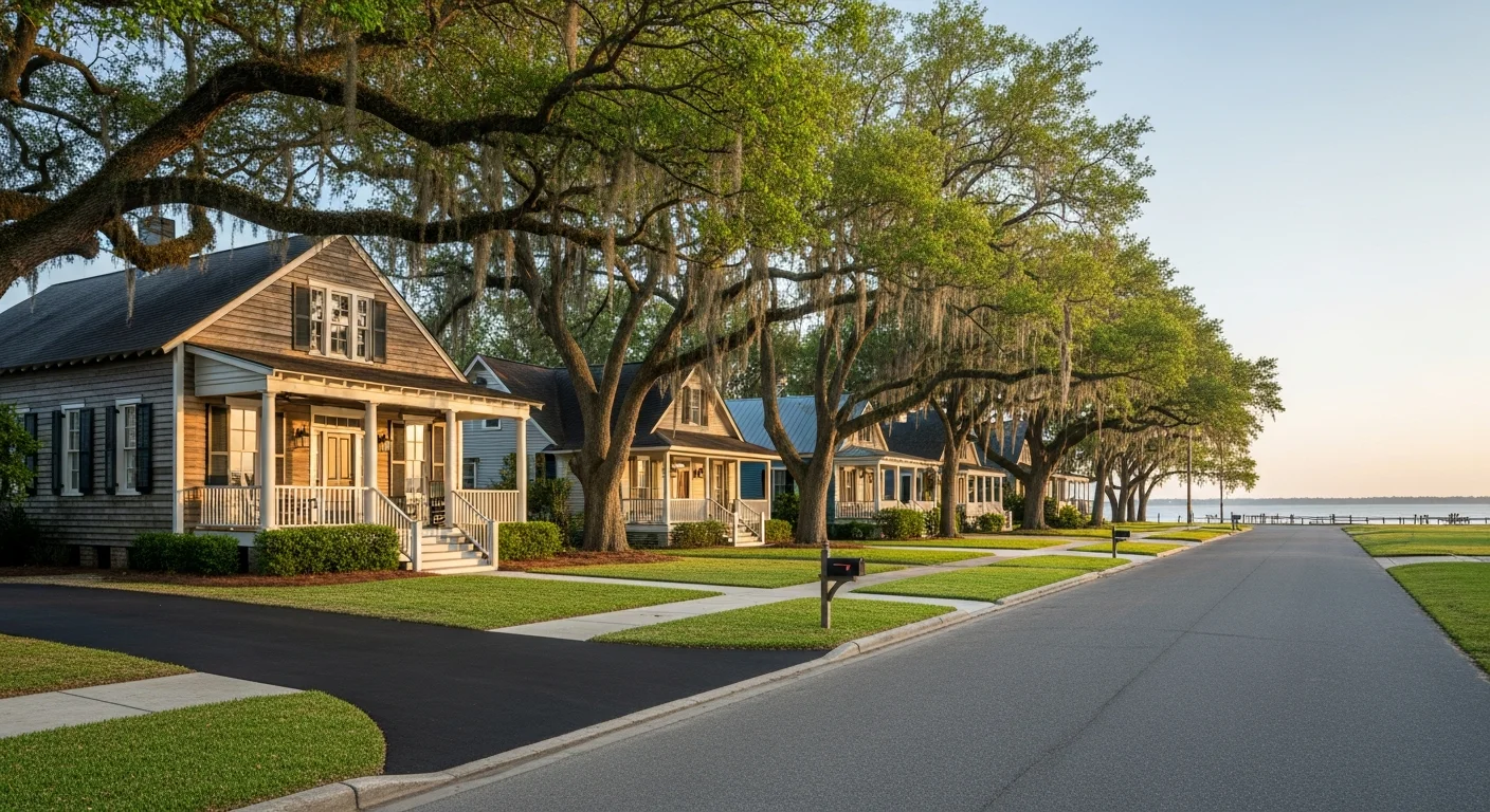 Waterfront homes and tree-lined streets in Mandeville, Louisiana, with Lake Pontchartrain visible in the distance.