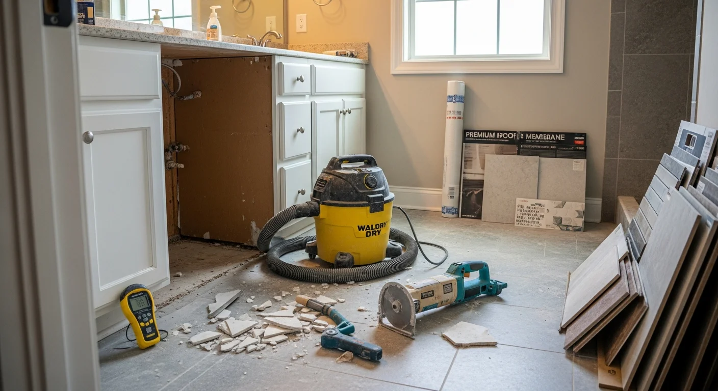 Remodeled master bathroom in a Mandeville, Louisiana home featuring a tiled walk-in shower, updated vanity, and moisture-resistant flooring. The finished space reflects the quality and durability needed for Louisiana's humid Northshore climate.