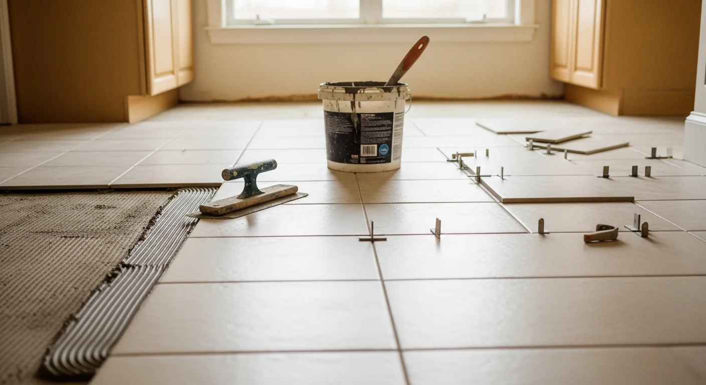 Freshly installed ceramic tile floor in a Mandeville, Louisiana kitchen, showing clean grout lines and a neutral tile pattern on a slab foundation. The room reflects the open layout common in newer Northshore homes.