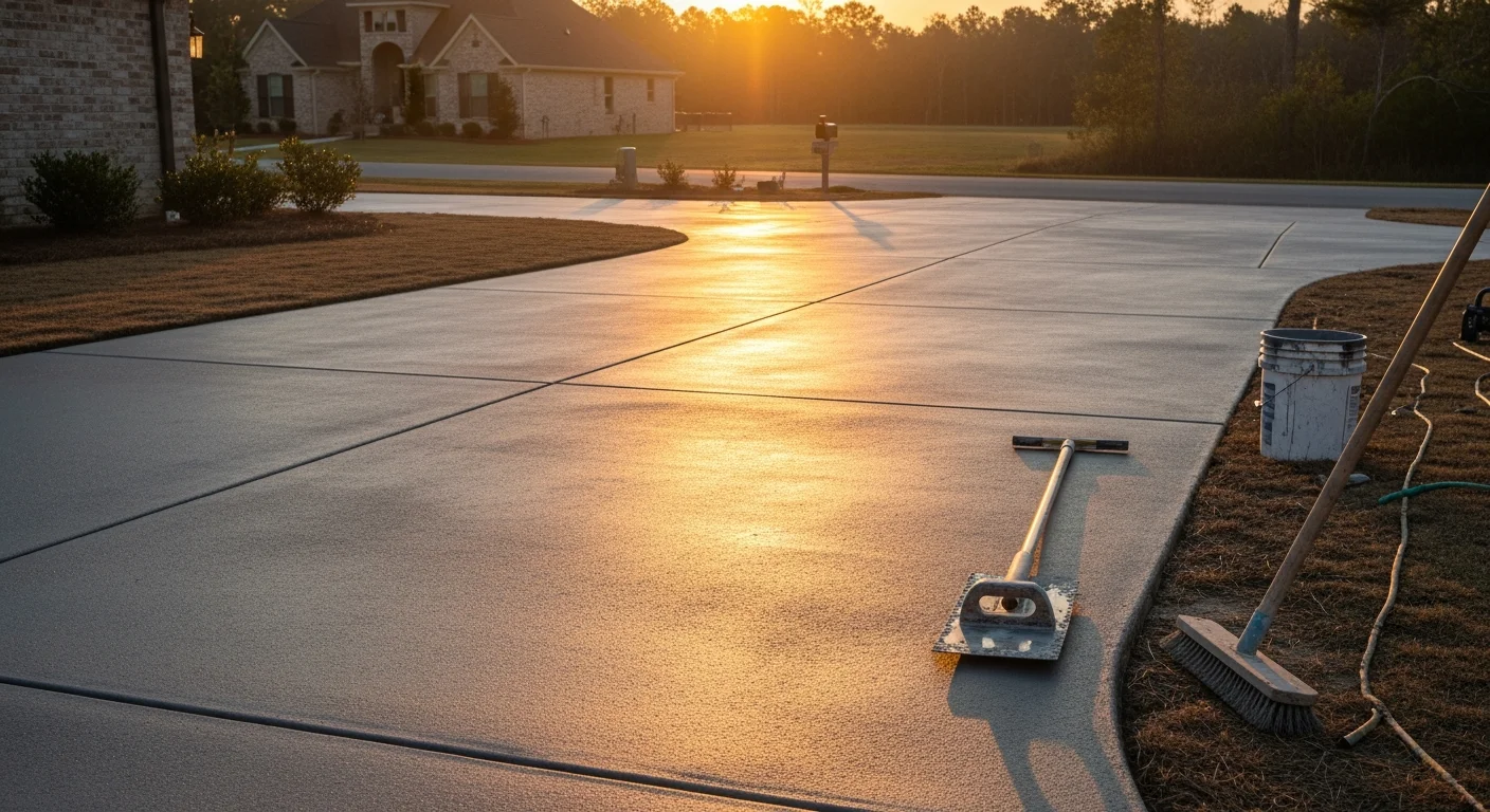 A freshly broom-finished concrete driveway at a residential property in Mandeville, Louisiana, with clean edges and a uniform gray surface. The finish shows consistent texture lines suited for wet outdoor conditions in the humid Northshore climate.