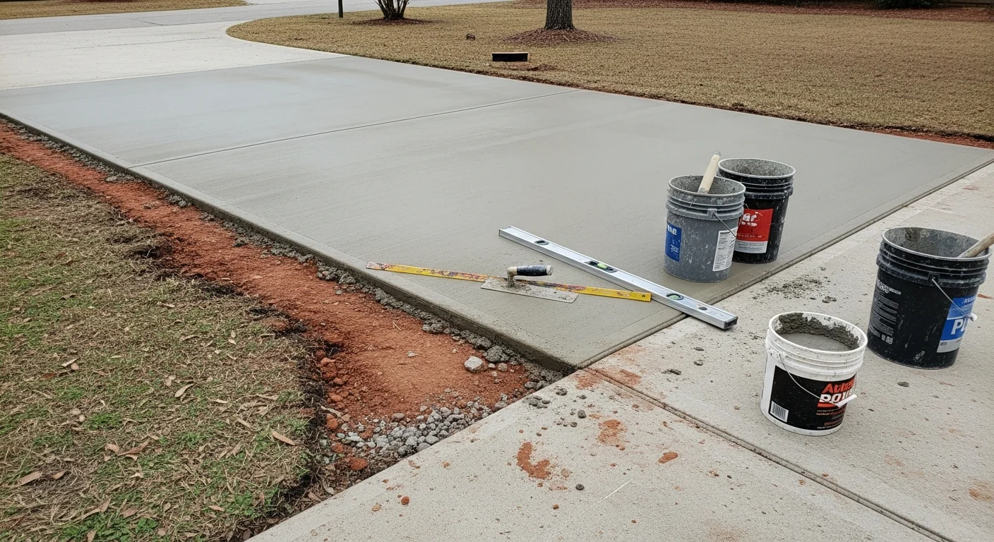 A repaired residential concrete driveway in Mandeville, Louisiana showing a smooth, crack-free surface alongside an older unrepaired section. The repair work is set against a typical St. Tammany Parish home exterior.