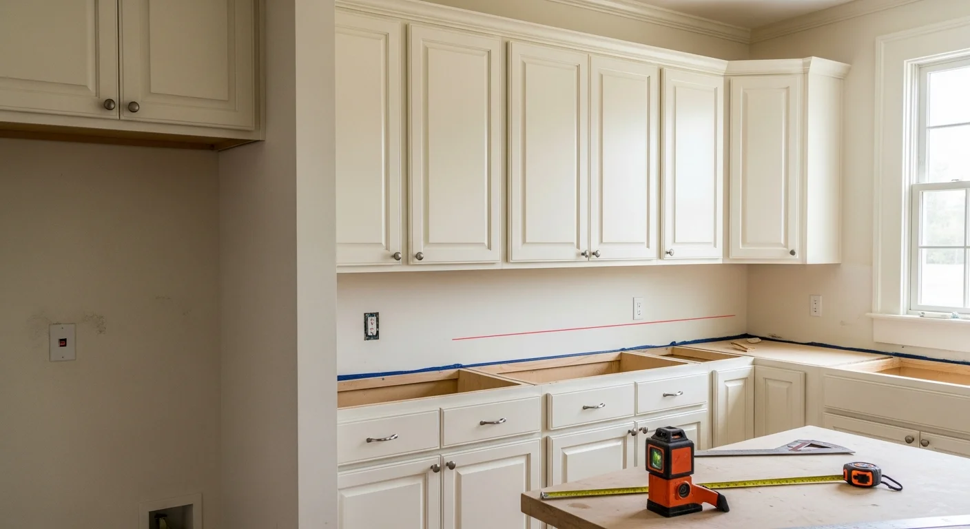 Freshly installed custom kitchen cabinets in a Mandeville, Louisiana home, showing floor-to-ceiling cabinet runs fitted flush against painted walls. A carpenter from Norris Home Services checks cabinet alignment with a level during the installation process.