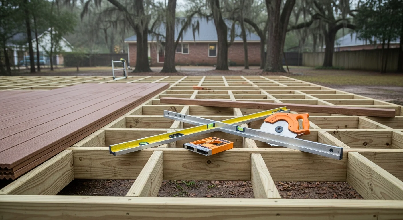 A newly built wood deck attached to the back of a residential home in Mandeville, Louisiana. The deck includes framed railings and shows clean board spacing suited for the area's humid subtropical climate.