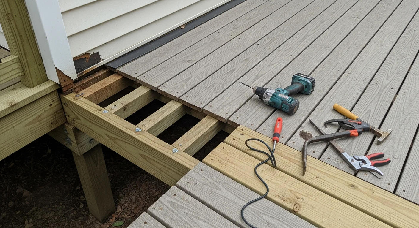 A repaired wood deck on a Mandeville, Louisiana home showing replaced decking boards, reset fasteners, and secured railings. The deck structure is flush and level with no visible rot or lifted boards.