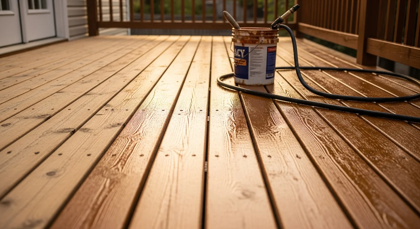 A freshly stained wood deck on a residential home in Mandeville, Louisiana, showing even color across the boards, railings, and steps. The deck surface appears clean and sealed against the backdrop of a typical Northshore backyard.