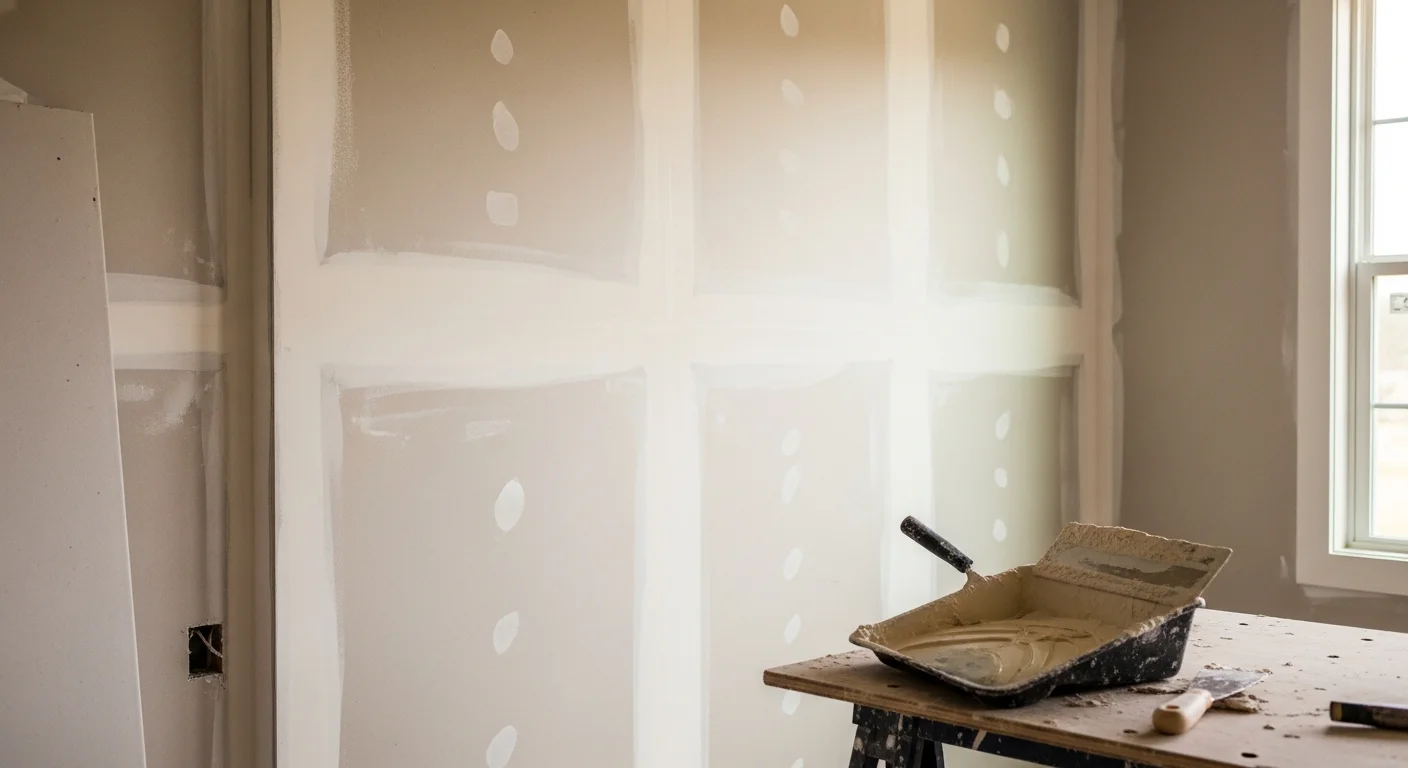 Freshly installed and taped drywall covering the interior walls of a single-family home in Mandeville, Louisiana. The walls show smooth, seam-free surfaces ready for primer and paint in a newly framed room addition.