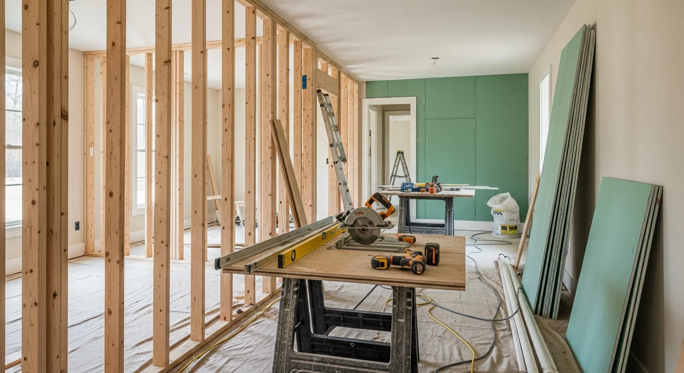 Renovated open-concept kitchen and living area inside a Mandeville, Louisiana home, showing updated cabinetry, fresh flooring, and reconfigured interior layout. Work completed by Norris Home Services, a general contractor serving the Northshore.