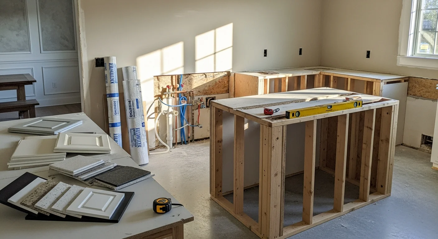 Remodeled kitchen interior in a Mandeville, Louisiana home featuring updated cabinetry, new countertops, and improved lighting. General contractor renovation work completed by Norris Home Services in St. Tammany Parish.