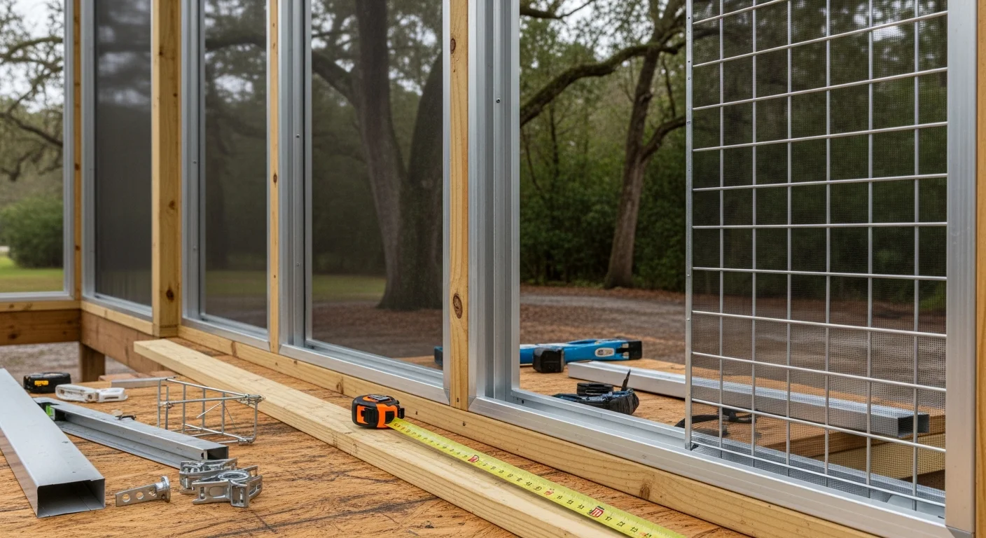 A newly installed custom screen porch on the back of a Mandeville, Louisiana home, showing a framed aluminum structure with tight screen mesh panels and a fitted door. The porch overlooks a backyard typical of a St. Tammany Parish residential property.
