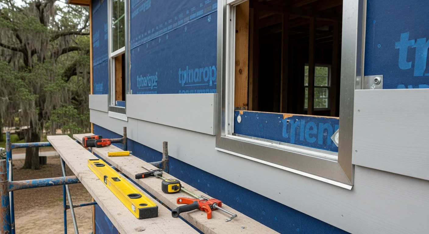 Freshly installed siding on a single-story Mandeville, Louisiana home with a visible weather-resistant barrier layer at an open panel section. The exterior shows clean panel alignment and flashed window trim against a humid, tree-lined Northshore backdrop.