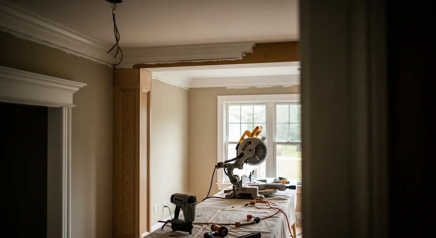 Freshly installed crown molding and baseboards in a Mandeville, Louisiana home with high ceilings and painted walls. Clean corner joints and a consistent trim profile run the length of the room.