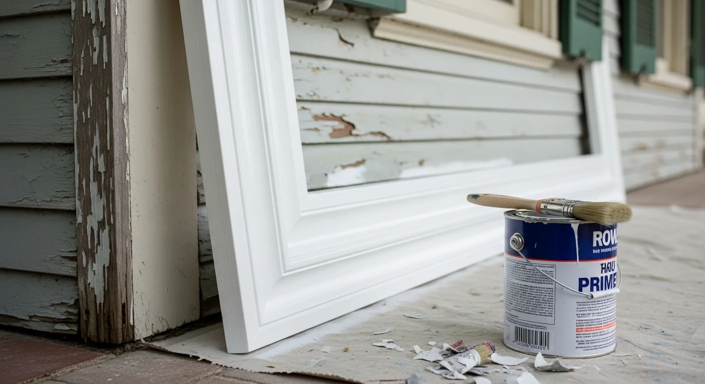 A freshly painted white trim on a wood-framed front porch of a Craftsman-style home in Mandeville, Louisiana. Clean brush lines frame the window casings and porch columns against a pale gray exterior.